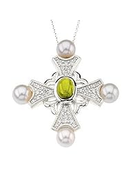 14K White Gold Peridot, Pearl and Diamond Cross Pendant -- LIFETIME WARRANTY