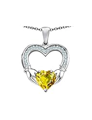 Celtic Love by Kelly (tm) Hands Holding 8mm Heart Claddagh Pendant With Simulated Yellow Sapphire in 925 Sterling Silver