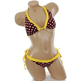 Sexy Bathing Suit Brown White Polka Dot Yellow Ruffle Trim Top Brazilian Cut Bottom Bikini Swimsuit