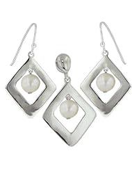 Sterling Silver Plain Rhombus with Whtie Freshwater Parl Drop Pendant and Earrings Set 16 inches chain
