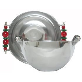 Aluminum Large Round Salad Bowl with Green and Red Glass Bead Handles 11 1/2L x 10"W x 5.5"H