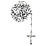 Silver Tone Rosary with Silver Color Faceted Rondell Beads in 8x6mm - 28'' Necklace - 21'' Overall Length