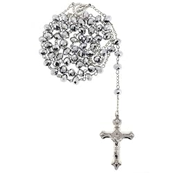 Silver Tone Rosary with Silver Color Faceted Rondell Beads in 8x6mm - 28'' Necklace - 21'' Overall Length