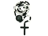 Black/White Glass Beaded Jesus Rosary Cross With Mother Mary Pendant With a 36 Inch Shamballa Necklace Chain Good Quality