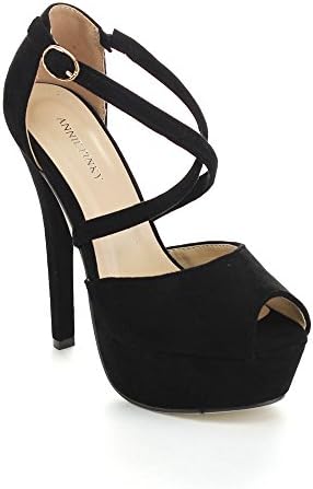 ANNIE PINKY MIRA-03 Women's Chic Open Toe Criss Cross Platform Stiletto Heels, Color:BLACK, Size:10