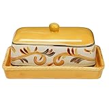 Tuscan Rustic Style Yellow Floral Pattern Rectangular Ceramic Butter Serving Dish Plate w/ Lid