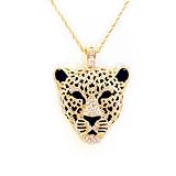Gold Metal Leopard Face Removable Magnetic Pendant Necklace with Black Enamel and Clear Rhinestones