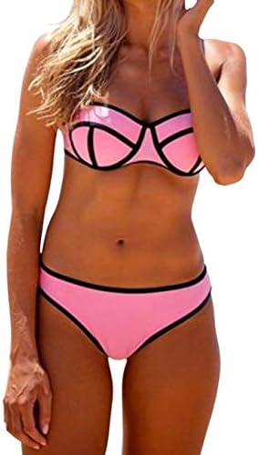Misomi Push up Bright Diving Suit Padded Bikini Set Hit color Swimsuit Swimwear (L, pink+black)