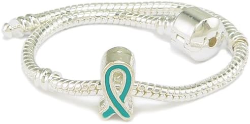 Teal Enamel Silver Gilt Ribbon Support Charm & Bracelet - 9 Inches - Pandora Compatible