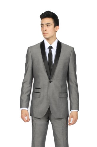 Men's Premium Slim Fit 1 Button Shawl Tuxedo Collection - Many Colors (44 Long, Gray)