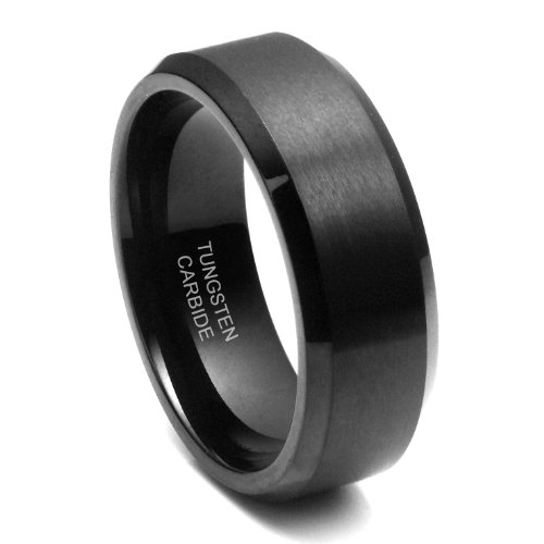 8MM Black High Polish / Matte Finish Men's Tungsten Beveled Ring Wedding Band