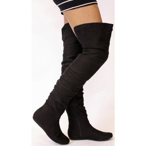 Ladies Flat Winter Biker Style Low Heel Over The Knee Thigh High Pull on Knee Boots Size with shoeFashionista boutique bag