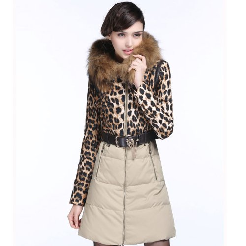 可愛いヒョウ柄ダウンコート　ラクーンファー付