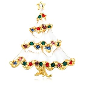 White Enamel Christmas Tree Pin w/ Multi-Color Crystal Accent by Margot Townsend