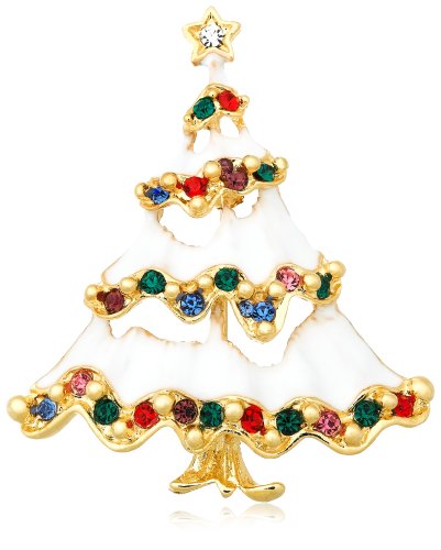 White Enamel Christmas Tree Pin w/ Multi-Color Crystal Accent by Margot Townsend