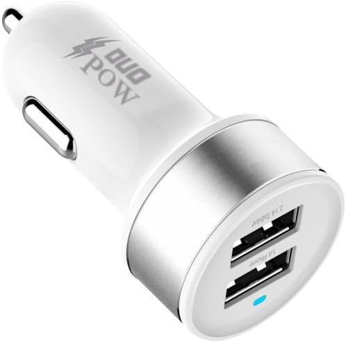 DuoPow Dual USB Car Charger Adapter with Apple MFI Certified for the New Ipad Mini Air 2/3/4, Iphone 4/4s/5/5s/5c, Ipod Nano, Samsung Galaxy s2/s3/s4, Cell Phones, Tablets and Mobile Android & iOS Devices, Serves As a Portable Cigarette Lighter Plug, Minimum Style, 2 Ports 1.0 & 2.1A, Dual and Safe Perfect for Fast Charging (White)