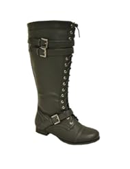 Shoes: Twisted Womens TROOPER Wide Width/Wide Calf Faux Leather Knee-High Lace-Up Western Flat Riding Boot with Buckles - BLACK, Size 8
