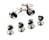 JJ Weston modern silver plated and black enamel knot cufflinks and shirt stud set with presentation box. Made in the U.S.A