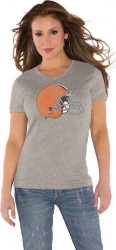 Cleveland Browns Grey Women's Primary Logo Tri Blend V Neck T-Shirt- by Alyssa Milano