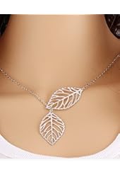Lowpricenice Double Leaf Pendant, Alloy Choker Necklace, Silver