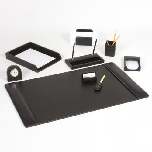 Leather Desk Set (9 Piece) (Black Leather with Gold Accents)