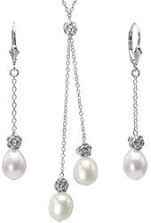 Isabella Rose 9-10mm Cultured Pearl Drop Silver Necklace and Dangle Earrings Set