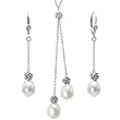 White Isabella Cultured Pearl Drop Rose Lariat and Dangle Earrings Set in Platinum Overlay CAREFREE Sterling Silver