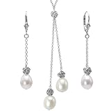 White Isabella Cultured Pearl Drop Rose Lariat and Dangle Earrings Set in Platinum Overlay CAREFREE Sterling Silver