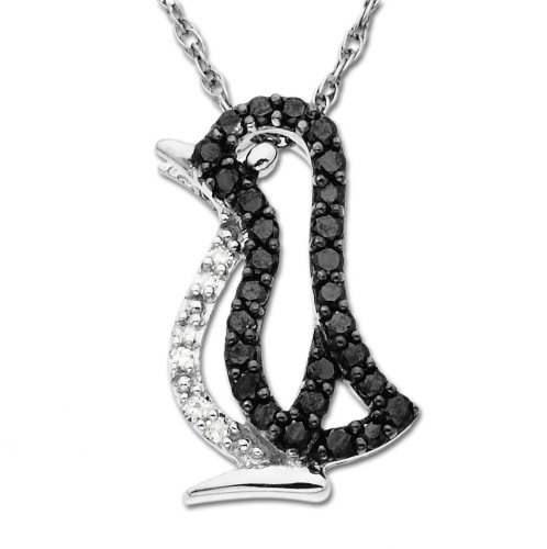 14k White Gold Black and White Diamond Penguin Pendant (1/6 cttw), 18