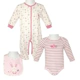 from Pixie Togs Babywear Flowers & Stripes Little Bunny Sleepsuit, Long Sleeved Bodysuit Vest & Bib 3 Piece Gift Set (3-6 Months)