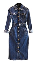 Knee Length Cotton/Denim Long Sleeves Winter Belted Vintage Slit  Dress