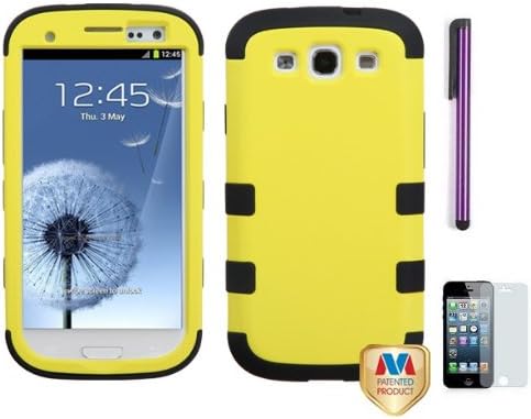 Premium New Samsung Galaxy S3 III I747 / I9300 Armor Hybrid Two Layer Phone Protector Cover Case With Purple Touch Screen Stylus Pen, Screen Protector And Pry Tool (Yellow)