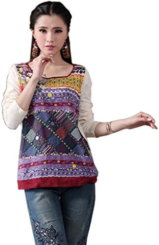 CDCLOTH Women's National Wind Printing Patchwork Cotton Long-sleeved T Shirt Size 0 US Beige