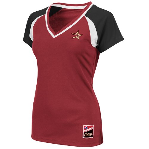 MLB Houston Astros Women's Short Sleeve Raglan Deep V-Neck Synthetic Tee (Bright Garnet/Black/White, X-Large)
