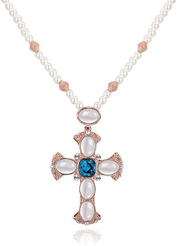 HuiEn Women's 18K Rose Gold Plated Imitation Pearl Opal Zircon Czech Drill Crystal Long Necklace Pendant for Sweater Chain Length 32inchs