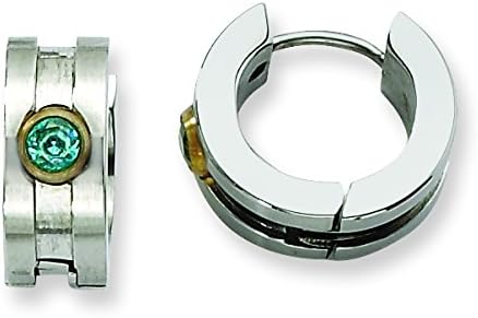 Stainless Steel Teal CZ & Yellow-plated Hinged Hoop Earrings: Length 10 mm