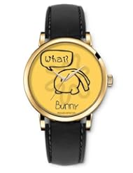 SPRAWL Aanalog Fashion Series Gold Ladies Watches of Genuine Black Leather Strap,Unique Wrist Watch for Women Girls Designed with Cute bunny on yellow background
