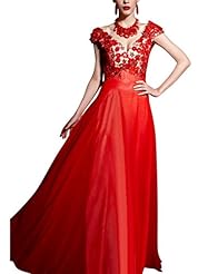 Sexy A-line V-neck Cocktail Floor Length Lace Embroidered Cap Sleeves Homecoming Dress/Pageant Dress/Prom Dress/Party Dress/Wedding Dress 