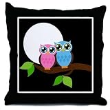 Pink and Blue Owls on a Branch Throw Pillow 18"