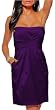 Purple satin strapless pockets cocktail evening dress