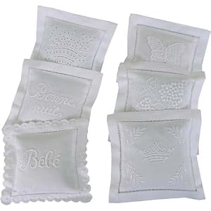White on white embroidered French lavender sachet:Butterfly,Flower,Crown, Bebe, Bonne Nuit, More....