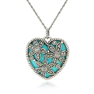 Sterling Silver Marcasite Flowers and Created Turquoise Heart Pendant, 18
