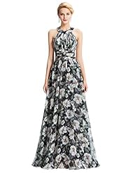 Chiffon/Satin Halter Pleated Ruched Backless Floral Print Evening Dress/Prom Dress/Party Dress 