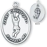 Sterling Silver Saint Christopher Ladies-Girls Cheerleading Medal and 18-inch Chain