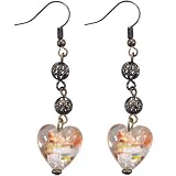 Bronze Orange Clear Heart Murano Glass Dangle Earrings