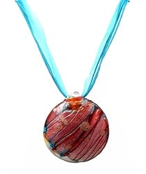 Necklace - N98 - Murano Glass Style - Round Style ~ Aqua, Brown, Silver and Copper on 5 Strand Organza and Cotton Cord + 2" Extension Chain