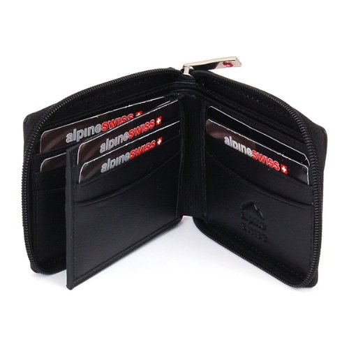 Alpine Swiss Zippered Bifold Men-s Wallet with Deluxe Credit Card Flip Pocket - Genuine Lambskin Leather -Black Comes in a Gift Bag - NOW with Improved Zipper Quality