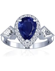 14K White Gold Pear Cut Blue Sapphire Ring With Sidestones