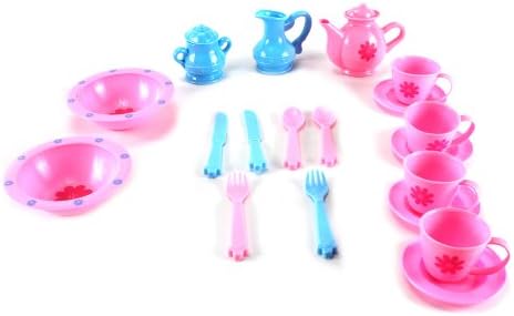 Picnic Basket Pretend Play 19 Piece Toy Tea Set w/ Cups, Saucers, Tea, Sugar, Creamer Pots, Spoons, Forks, Knives