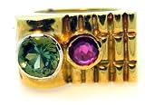 Estate 18k Yellow Gold Art Retro Ring with Ruby and Tourmaline